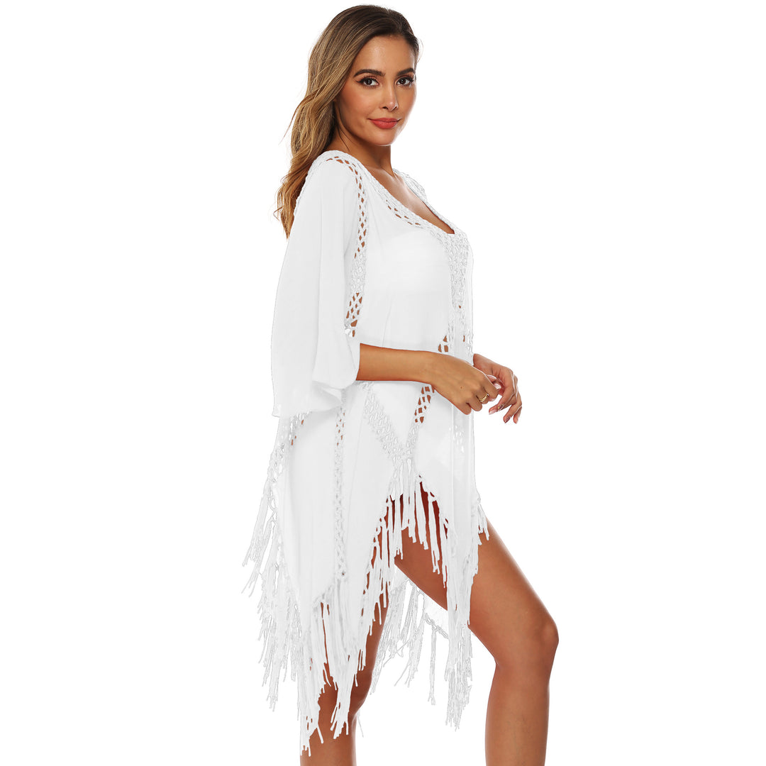 Damen eleganter Häkel-Strandüberwurf mit Fransen Drune