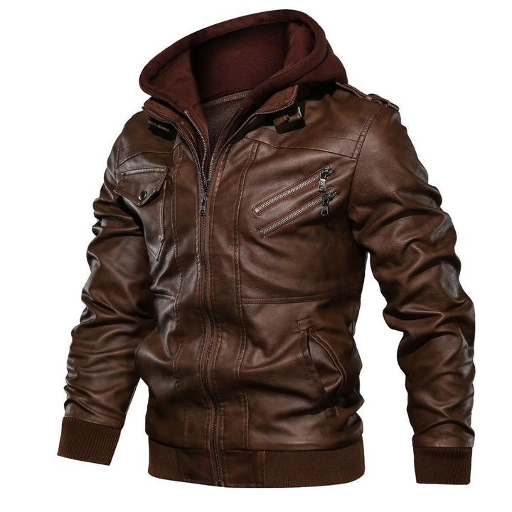 Herren Kunstlederjacke mit abnehmbarer Kapuze Drune