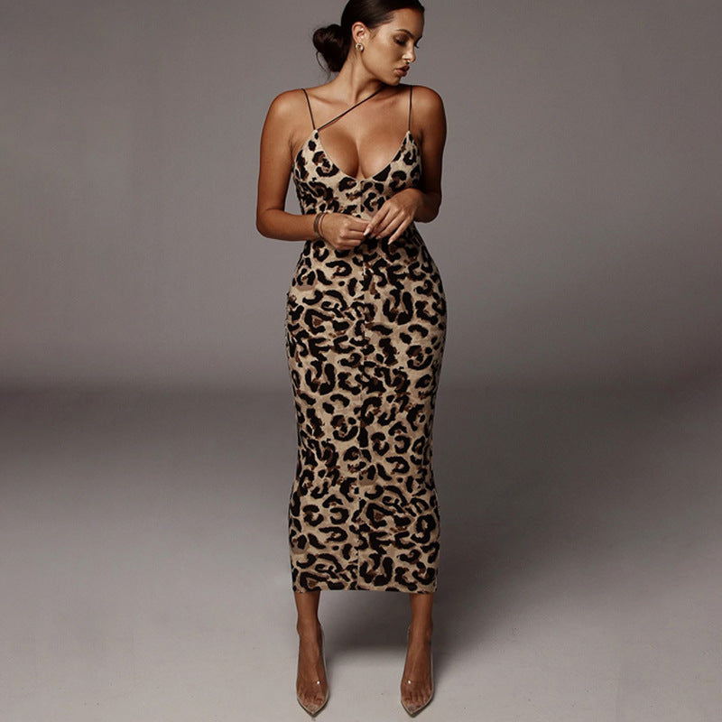 Damen Leopardenmuster Maxikleid Drune
