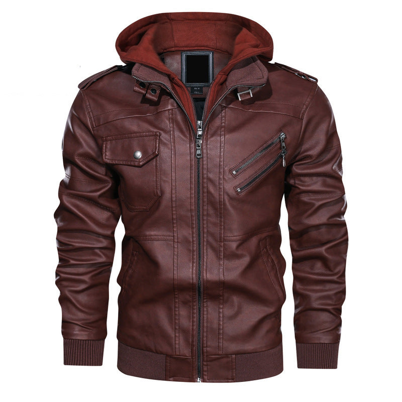 Herren stylische Kunstlederjacke mit Kapuze Drune