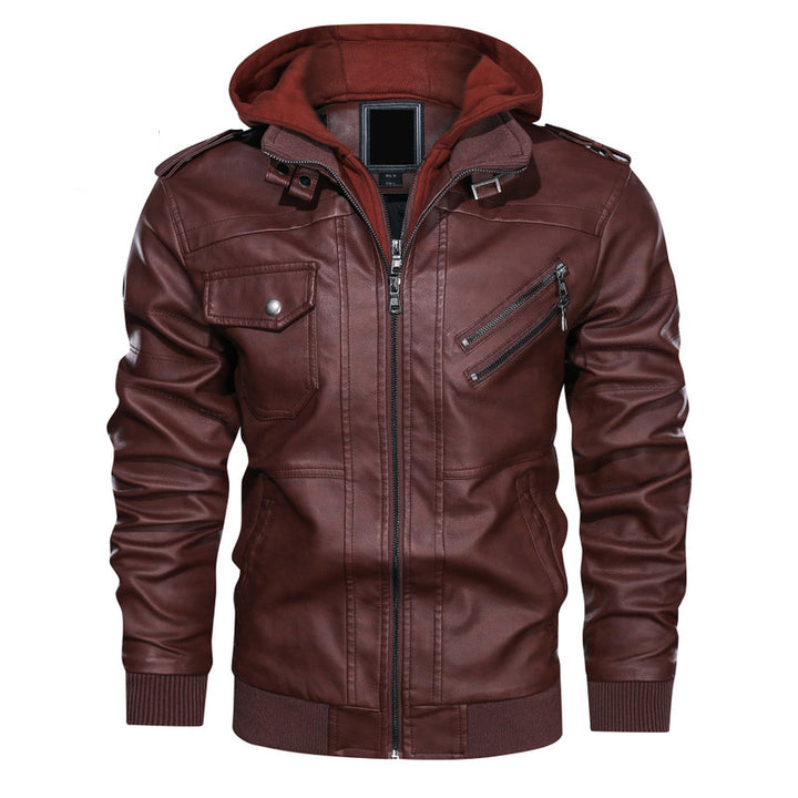 Herren stylische Kunstlederjacke mit Kapuze Drune