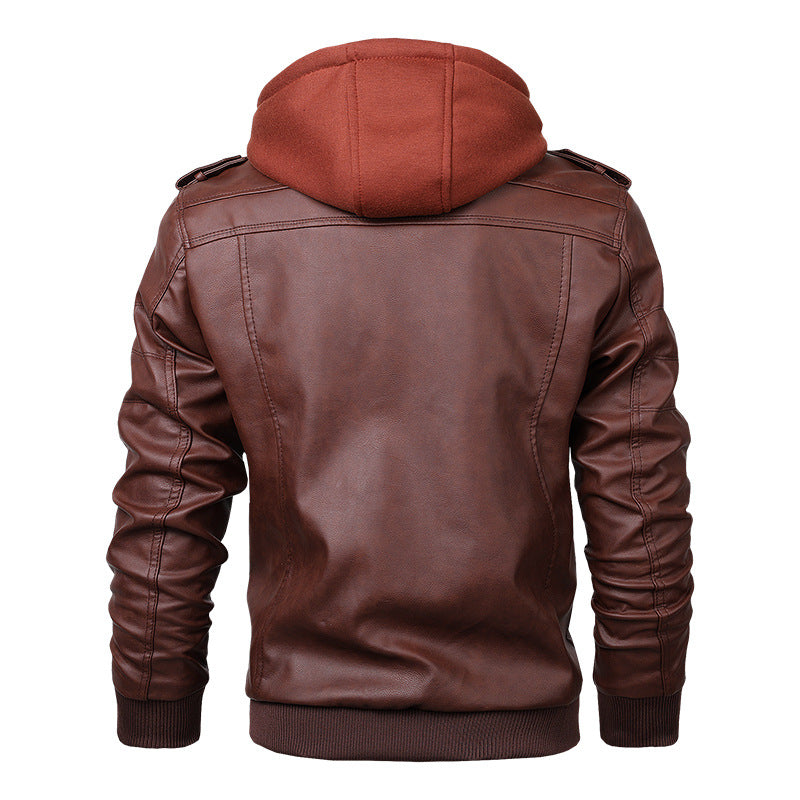 Herren Modische Lederjacke mit abnehmbarem Kapuzenpullover Drune