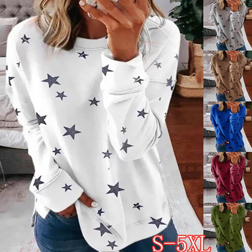 Damen nan locker geschnittenes Sternen-Print Sweatshirt mit Rundhalsausschnitt, verlängertem Rücken und seitlichen Schlitzen Drune