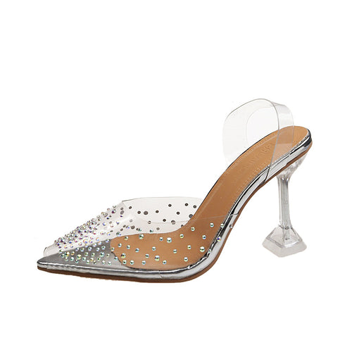 Damen nan PVC-Mule mit spitzer Kappe Strassbesatz Plexiglas-Absatz und gepolstertem Fußbett Drune