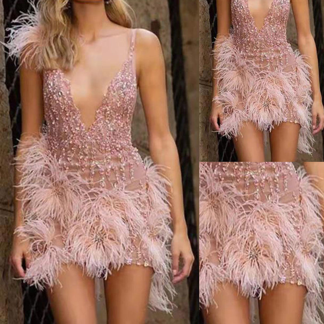 Damen Glamouröses Paillettenkleid mit Federapplikationen Drune