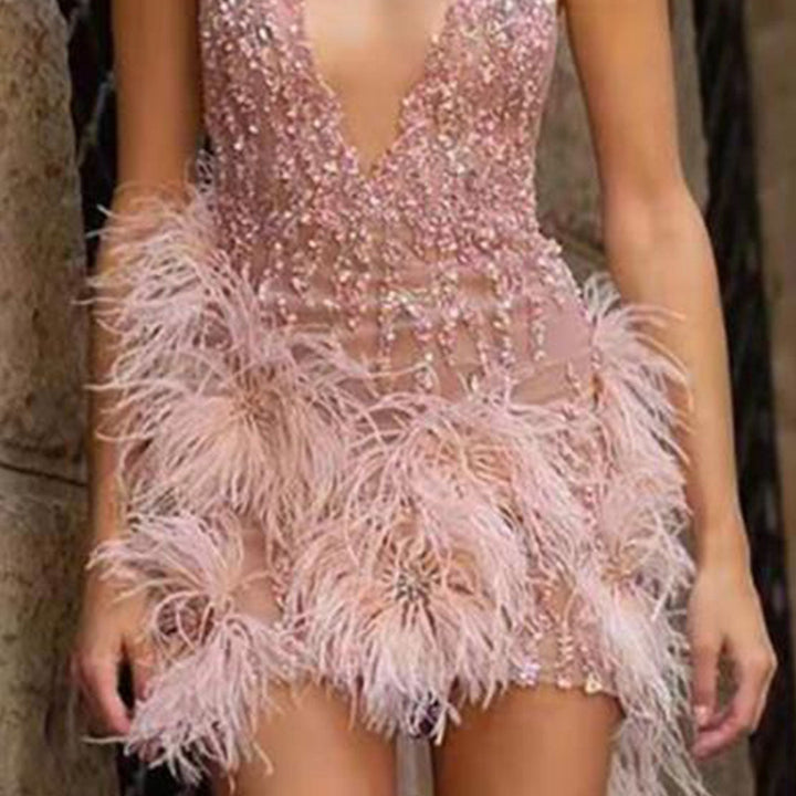 Damen Glamouröses Paillettenkleid mit Federapplikationen Drune