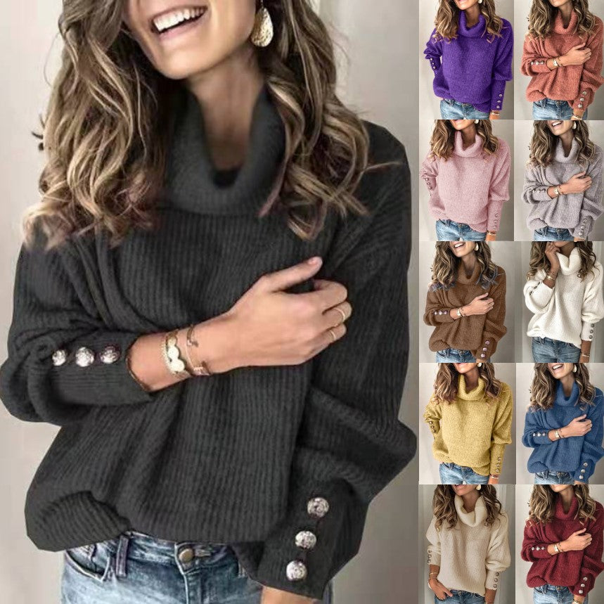 Damen Oversized Rollkragenpullover aus feinem Strick mit dekorativen Knopfärmel Drune