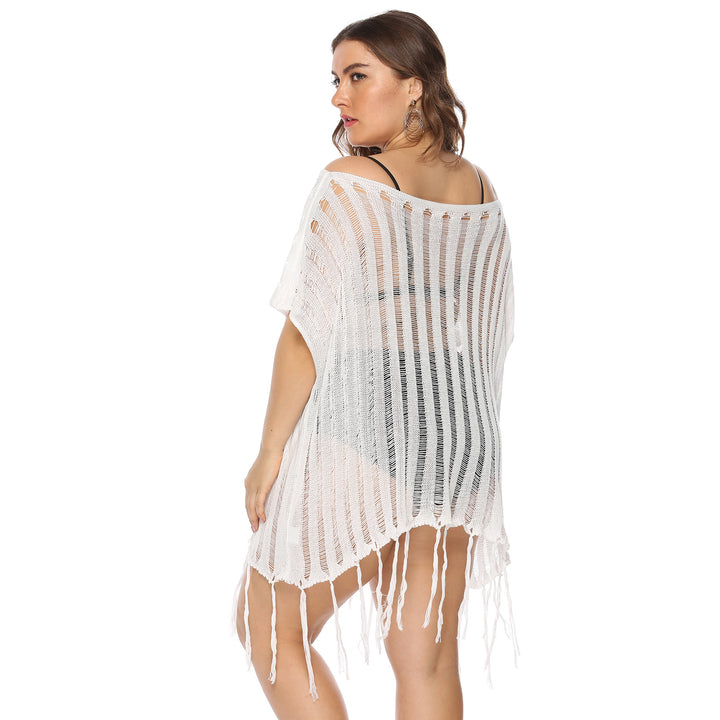 Damen luftiger Häkel-Strandüberwurf mit trendy Fransen Drune