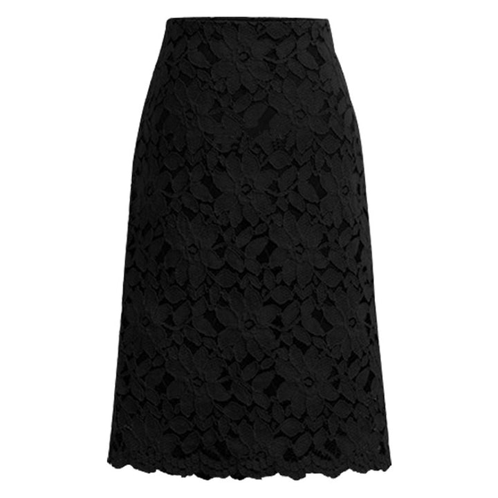 Damen nan knielanger A-Linien Spitzenrock mit floraler Applikationsspitze, hoher Taille und gewelltem Saum Drune