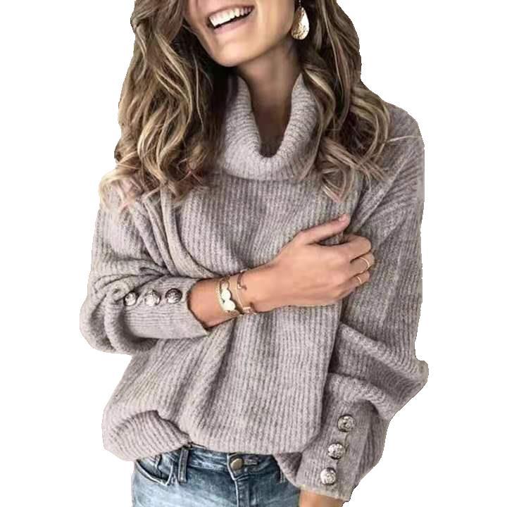 Damen Oversized Rollkragenpullover aus feinem Strick mit dekorativen Knopfärmel Drune