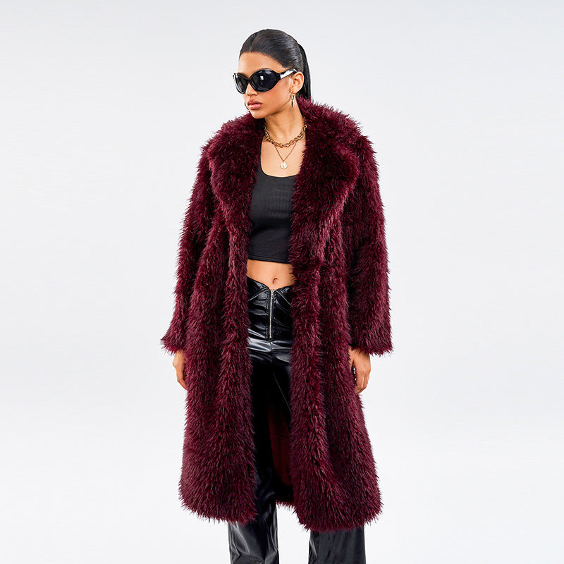 Langer Damen-Kunstpelzmantel im Schneefuchs-Look