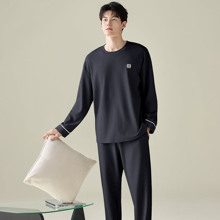 Herren-Pyjama-Set, 100% Baumwolle, Langarm, modern