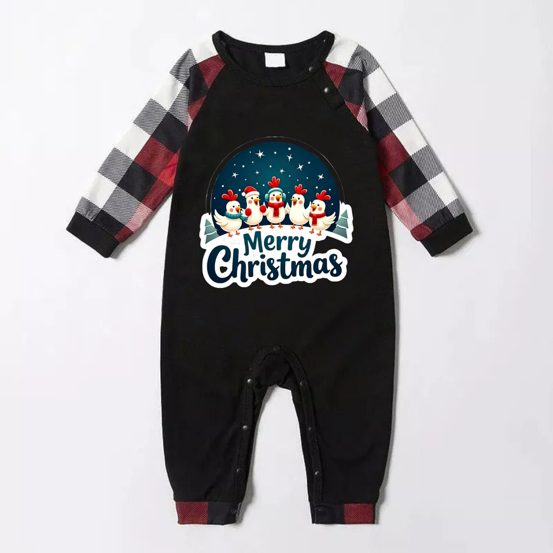 Drune | Rote und graue karierten Weihnachts-Pyjamas mit glücklichen Hühnern und "Frohe Weihnachten" Textdruck
