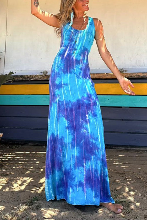 Drune | Scoop Neck Rückenfreies Criss Cross Tie Dye Maxikleid