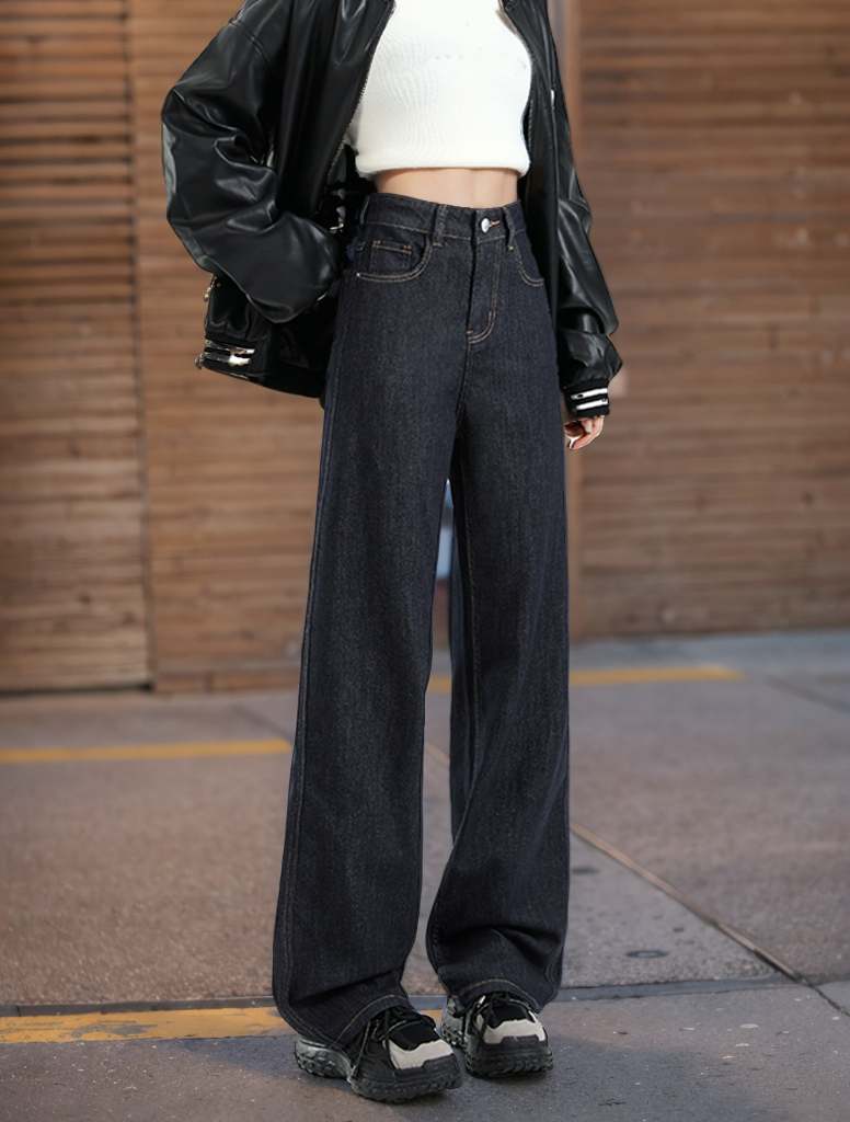 Drune | Lockere Dunkle Hohe Taillen Bodenlange Denim Hose