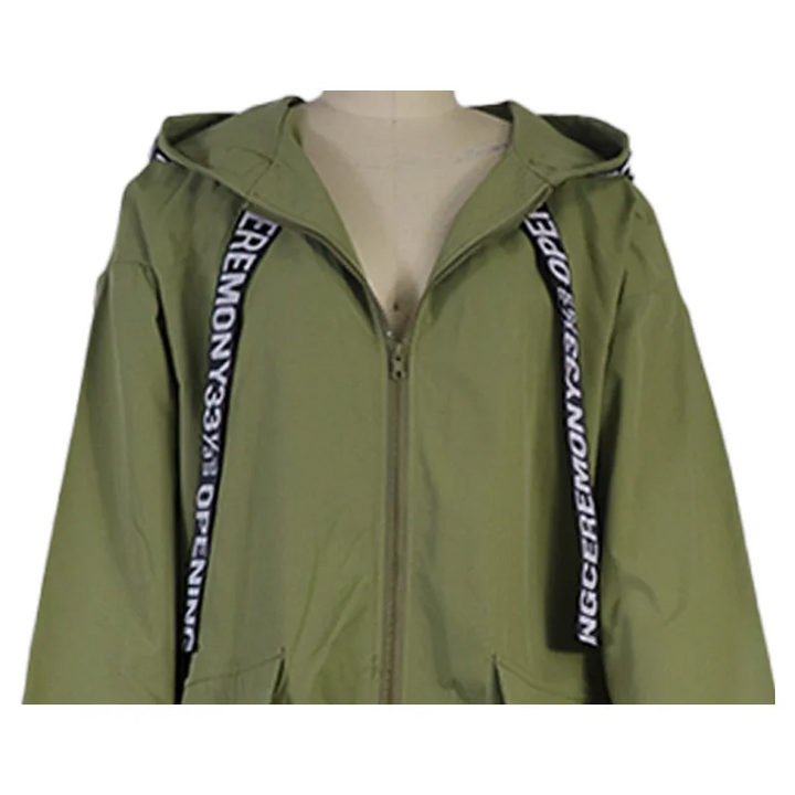 Damen Trenchcoat mit Kapuze und Auffälligem Textdesign