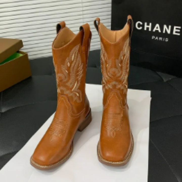 Drune | Western Stil Stiefel Damen mit Spitzem Kopf und Blockabsatz, Cowboy Stiefel Damen