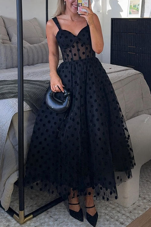 Drune | Rosiekleid V-Ausschnitt Polka Dot Mesh A-Linie Midi Cami Kleid
