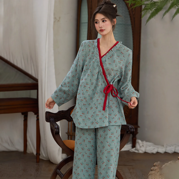 Damen-Pyjama-Set im Kimono-Stil mit Blumenmuster