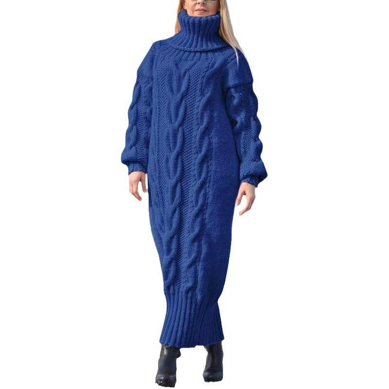 Langer Damen-Rollkragenpullover mit Zopfmuster