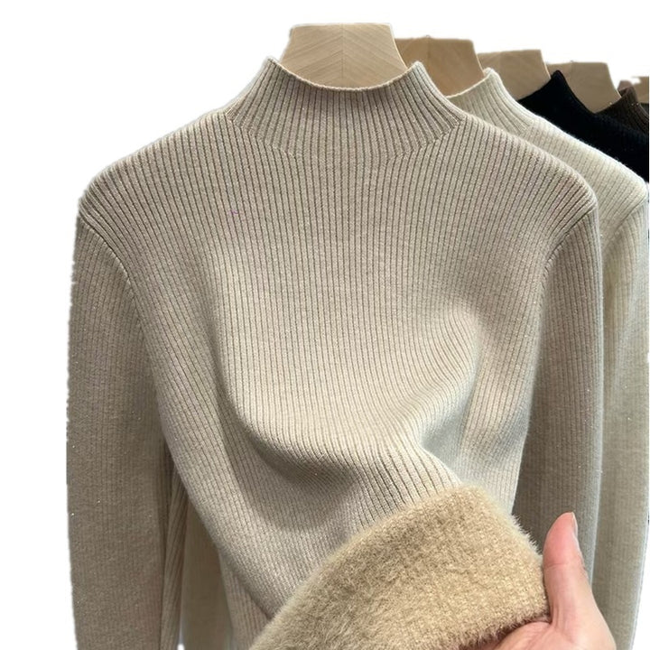 Damen-Strickpullover, gefüttert, Stehkragen, warm
