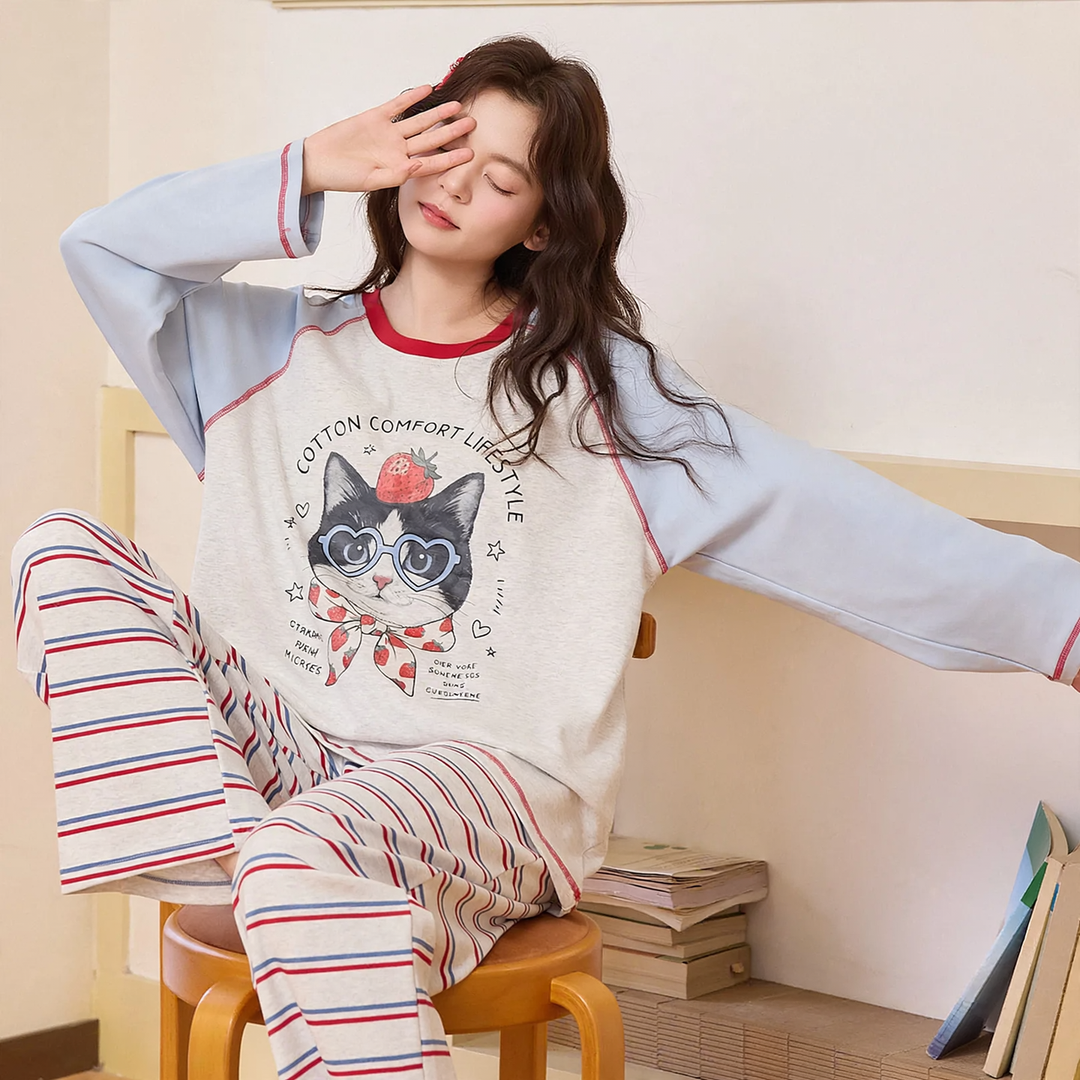 Damen-Pyjama-Set aus Baumwolle mit Brustpolstern