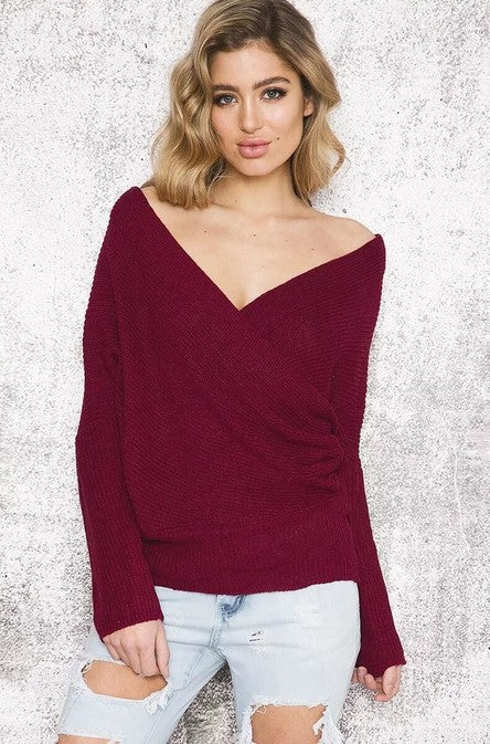 Damen lässiger Wickelpulli mit tiefem V-Ausschnitt Drune