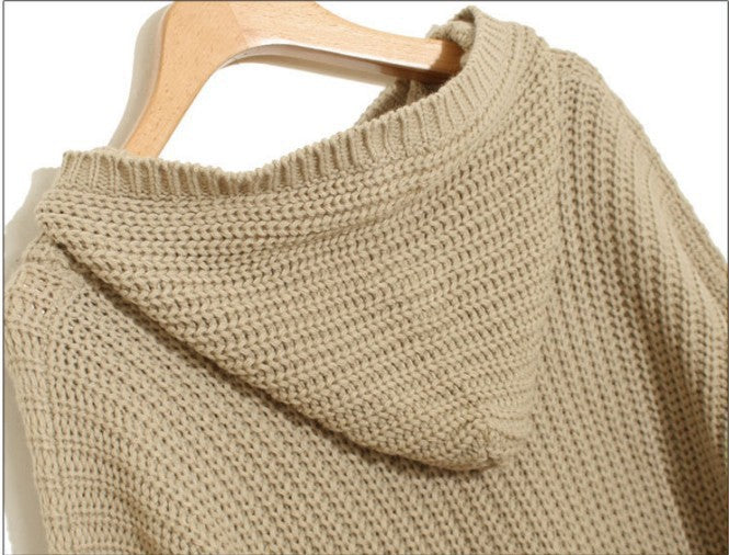 Damen Grobstrick Poncho mit Kapuze und seitlichen Fransen Drune