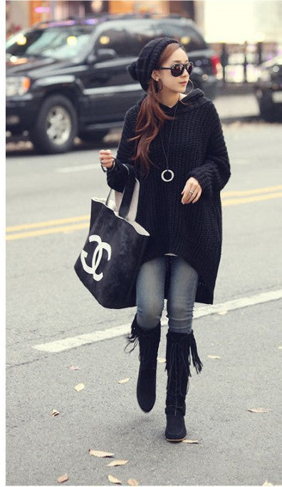 Damen Grobstrick Poncho mit Kapuze und seitlichen Fransen Drune
