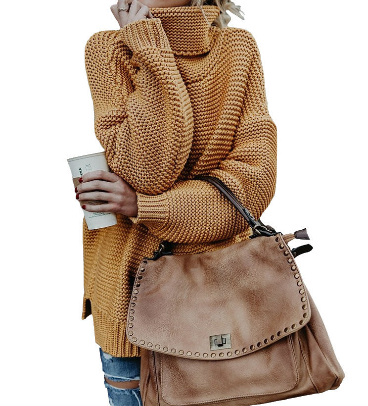 Damen GrobstrickPullover mit hohem Kragen und lässiger Silhouette Drune