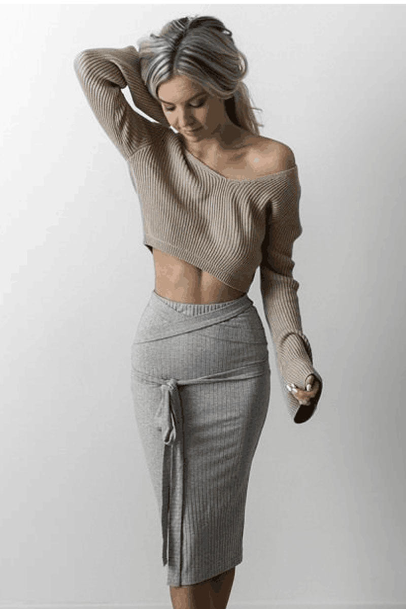 Damen Lässiges Cropped Strickoberteil mit asymmetrischem Schnitt und tailliertem Rock Drune