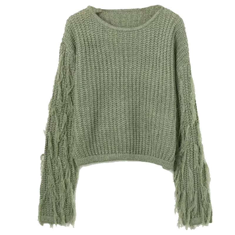 Damen Grobstrickpullover mit fransigen Ärmeln Drune
