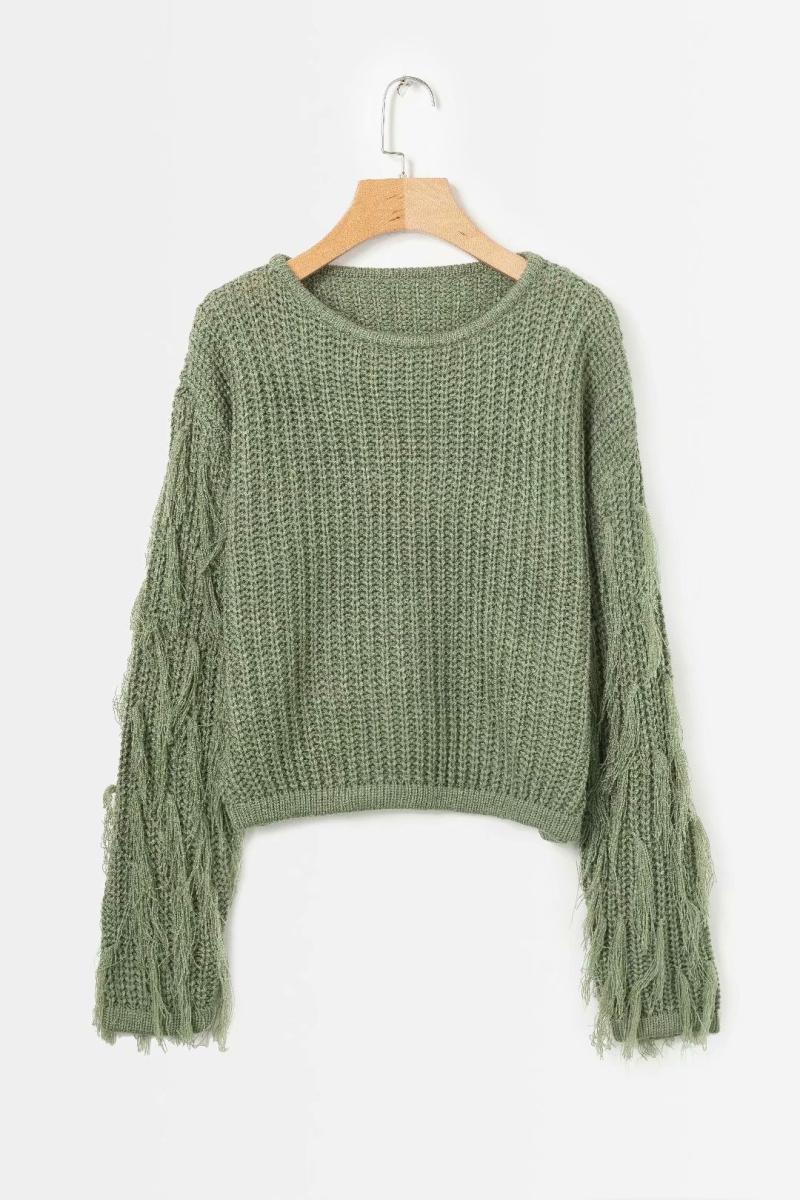 Damen Grobstrickpullover mit fransigen Ärmeln Drune