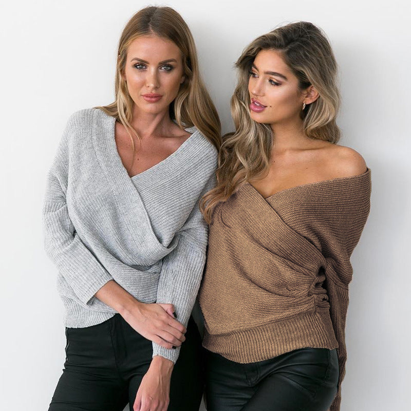 Damen lässiger Wickelpullover mit weitem Ausschnitt und Stripe-Design Drune