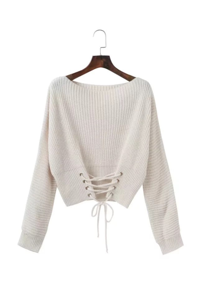 Damen Modischer Strickpullover mit offenem Rücken und dekorativen Knotendetails Drune