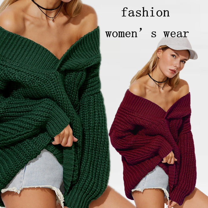 Damen Oversized Strickpullover mit schulterfreiem Design und voluminösen Ärmeln Drune