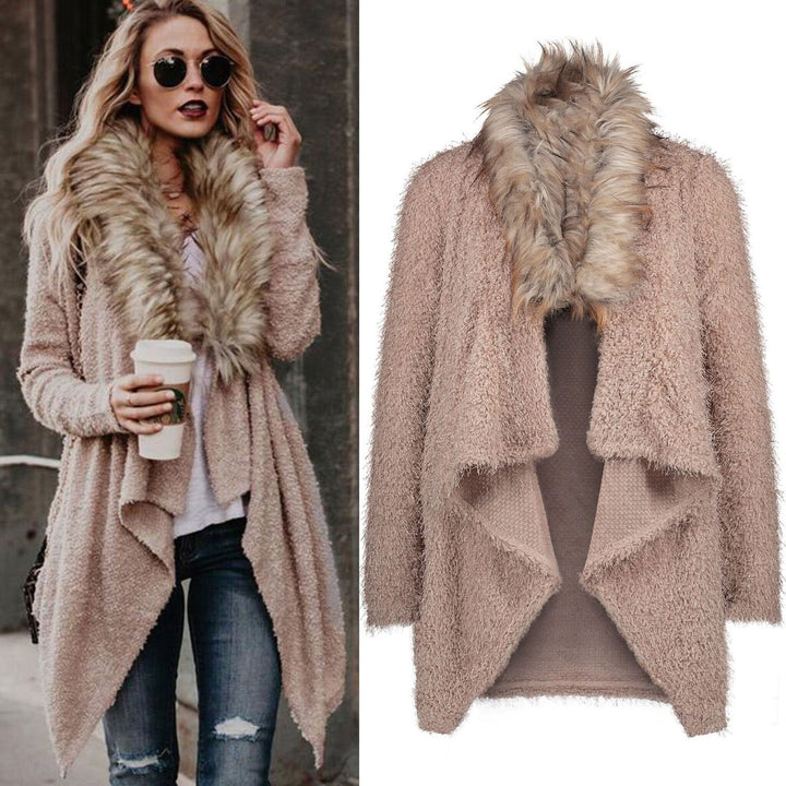 Damen Flauschiger Cardigan mit abnehmbarer Fellkapuze und eleganter Silhouette Drune