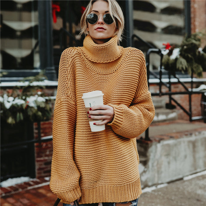 Damen Grobstrick Pullover mit hohem Kragen und oversized Passform Drune