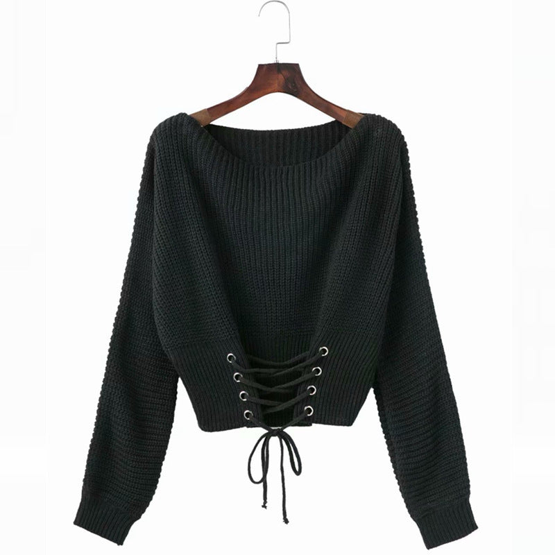 Damen Grobstrickpullover mit offenem Rücken und modischer Schnürung Drune