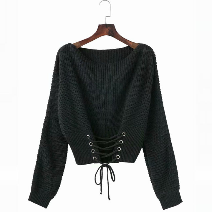 Damen Grobstrickpullover mit offenem Rücken und modischer Schnürung Drune
