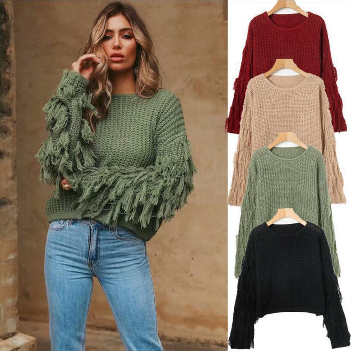 Damen Grobstrickpullover mit fransigen Ärmeln und lässigem Schnitt Drune