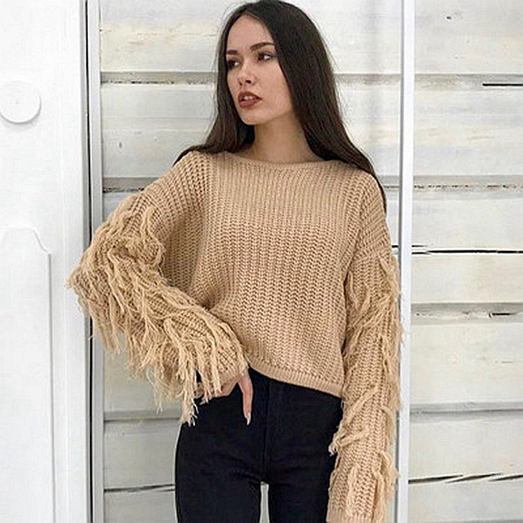 Damen Grobstrickpullover mit fransigen Ärmeln und lässigem Schnitt Drune