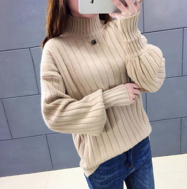 Damen Strickpullover mit hohem Kragen und voluminösen Ärmeln Drune