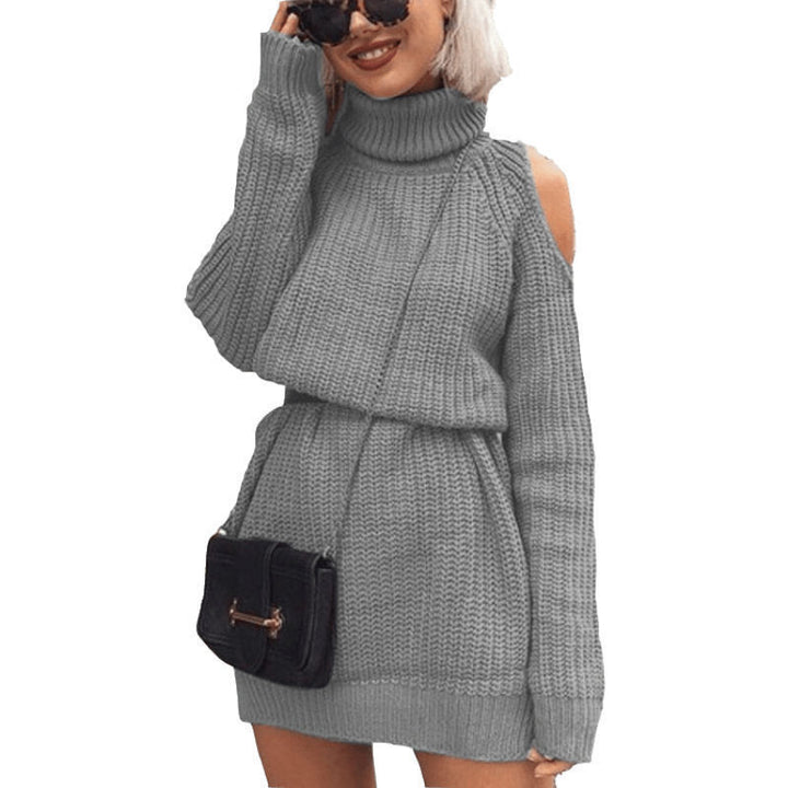 Damen Rollkragen Strickkleid mit offenen Schultern und Taillengürtel Drune