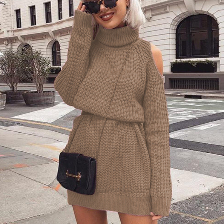 Damen Rollkragen Strickkleid mit offenen Schultern und Taillengürtel Drune
