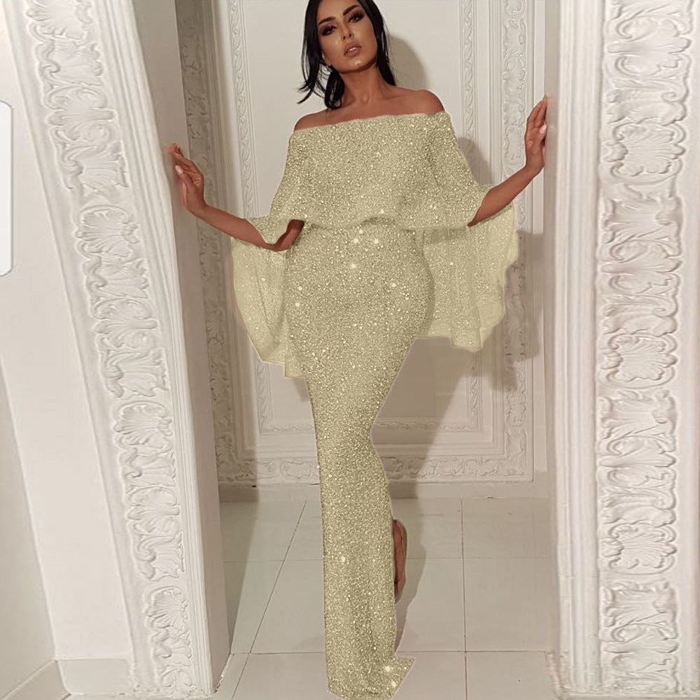Damen Abend-Jumpsuit mit schulterfreiem Cape-Einsatz und glitzerndem Stretchstoff Drune