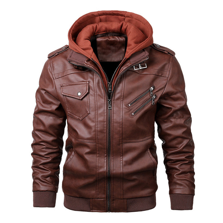 Herren Modische Lederjacke mit abnehmbarem Kapuzenpullover Drune