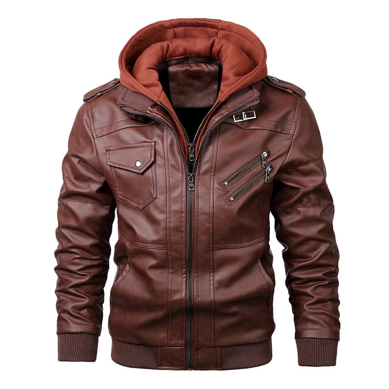 Herren Lässige Lederjacke mit Kapuze Drune