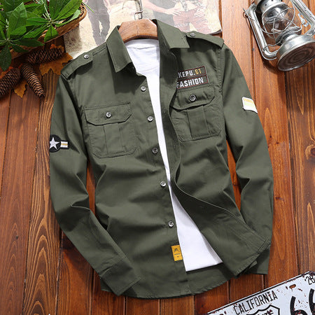 Herren Utility-Hemdjacke mit Schulterpatten, aufgesetzten Brustpattentaschen und Patch‑Applikationen Drune