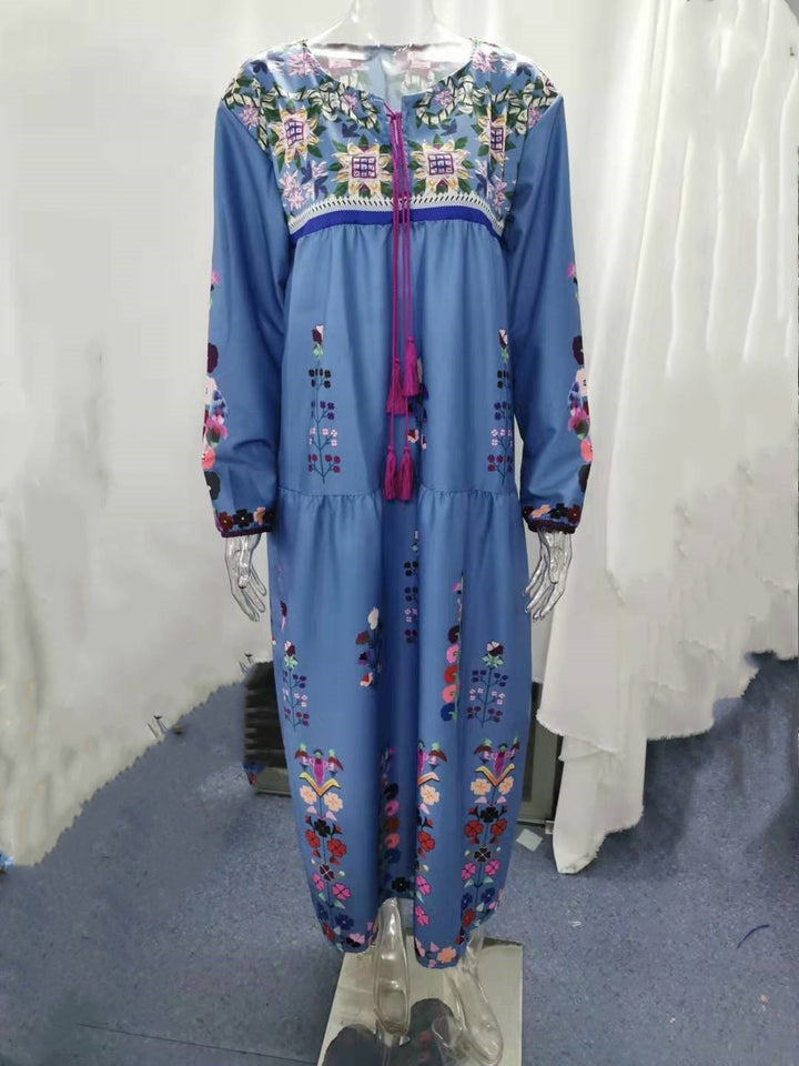 Damen nan besticktes Maxikleid mit langen Ärmeln, Quastenverschluss und folkloristischer Stickerei Drune